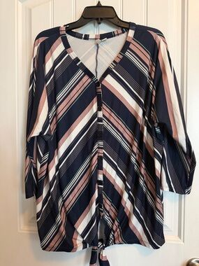 Cato Navy, Blush & White Striped Button-Front Top